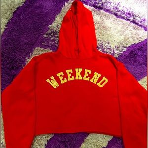 red “weekend “ sweater